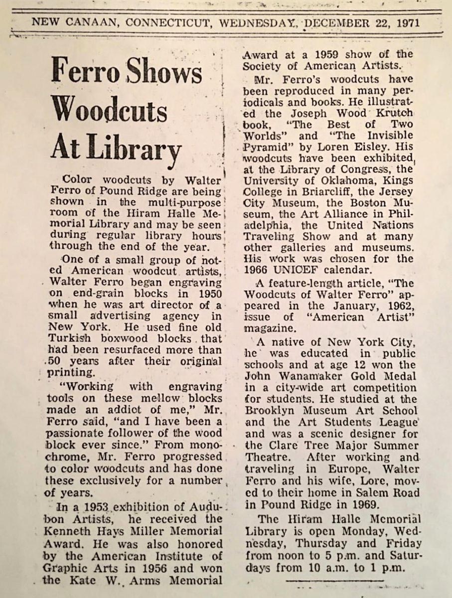 Walter Ferro press - Ferro Shows Woodcuts At Library - New Canaan, Connecticut, Wednesday, December 22, 1971
