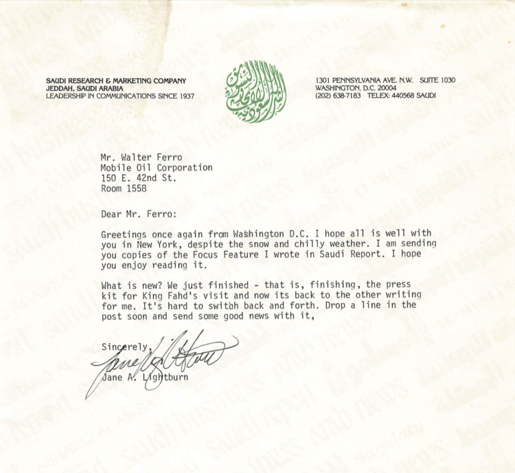 Letter to Walter Ferro from the Jane A. Lightburn of Saudi Research & Marketing Company, Jeddah, Saudi Arabia, regarding the Focus Feature she wrote about Ferro for the Saudi Report.